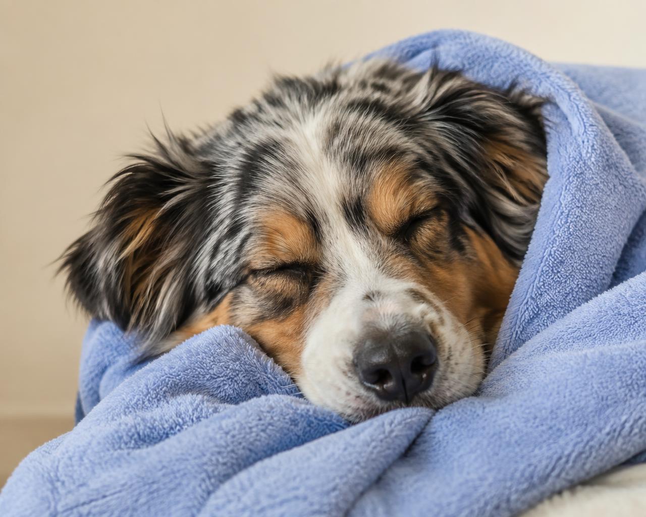 A sleepy Australian shepherd wrapped in a blue towel after a bath
