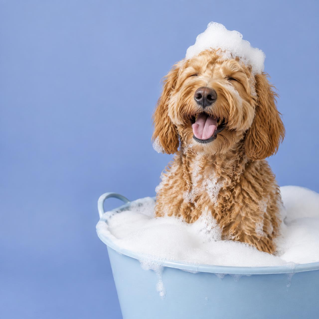 A fluffy goldendoodle in a bath, covered in suds and looking delighted