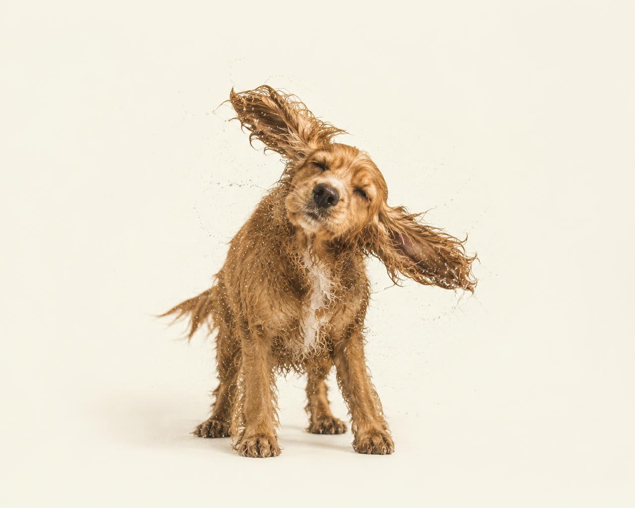 A wet cocker spaniel mid-shake, ears flying